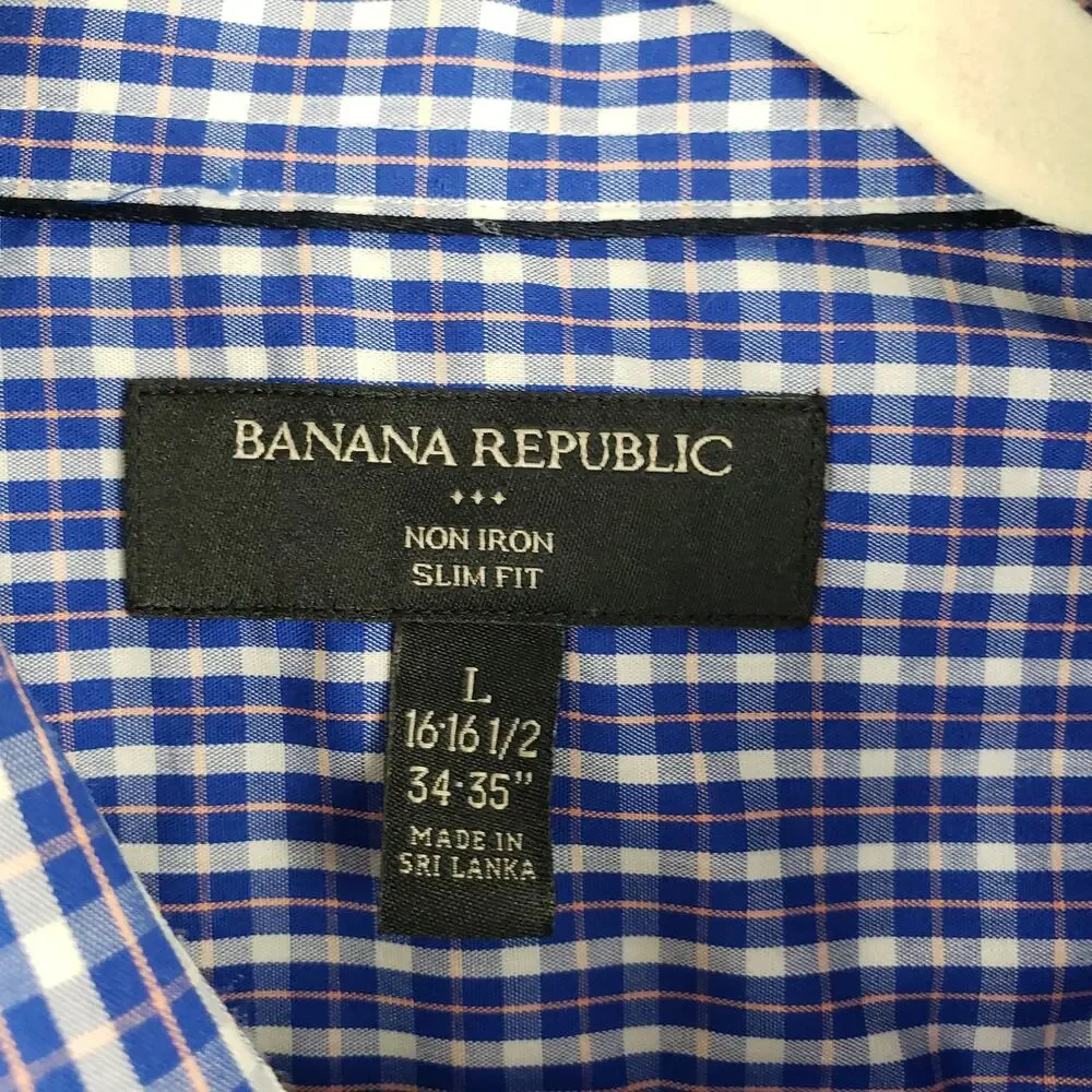 Banana Republic Men's L Slim Fit Long Sleeve Checkered Plaid Dress Shirt Blue‎